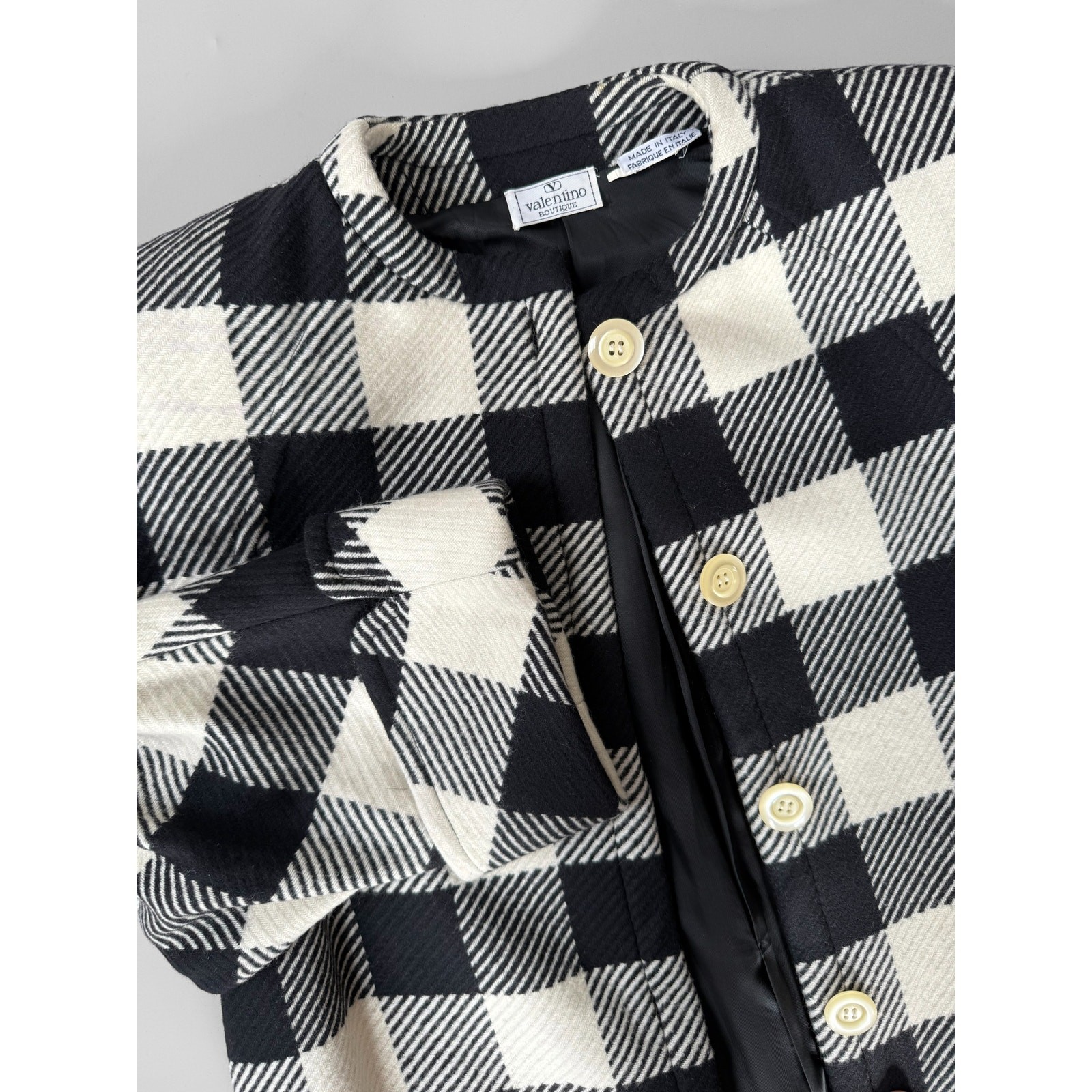 80s Valentino Swing Coat Black & White Check Oversized Shoulder Pads Power Suit