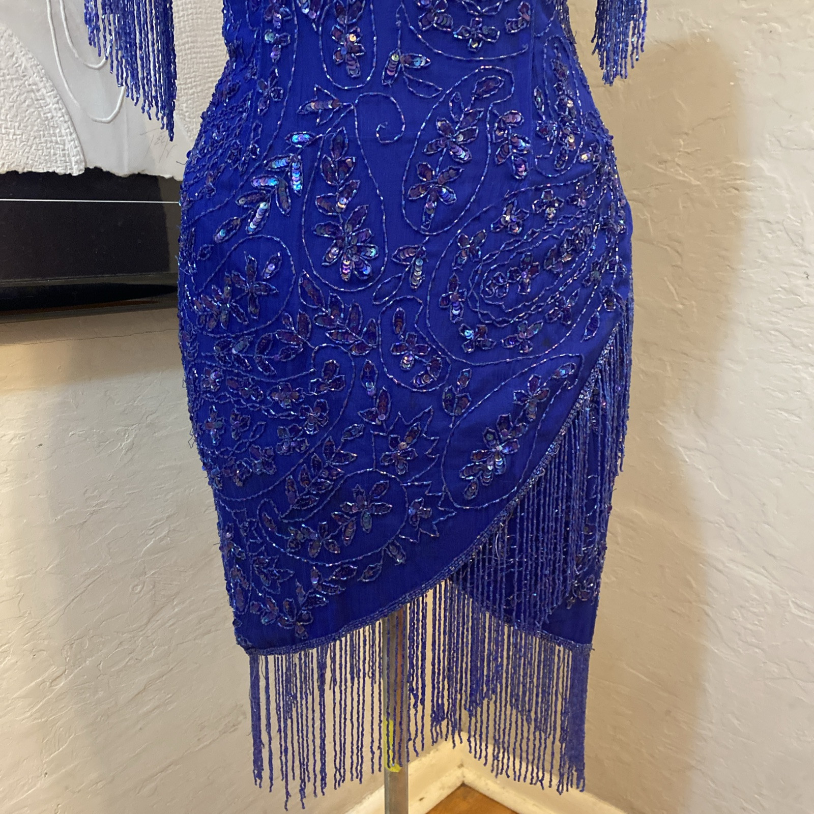 Vintage 80s Dark Blue Silk Sequin Beaded Fringe Cocktail Formal Mini Dress Med
