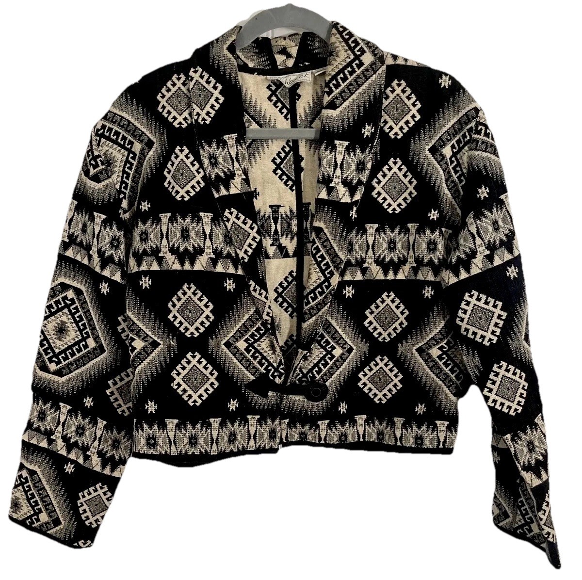 Flashback Vtg Aztec Blazer Jacket Western Cropped Cotton Tapestry M black ivory