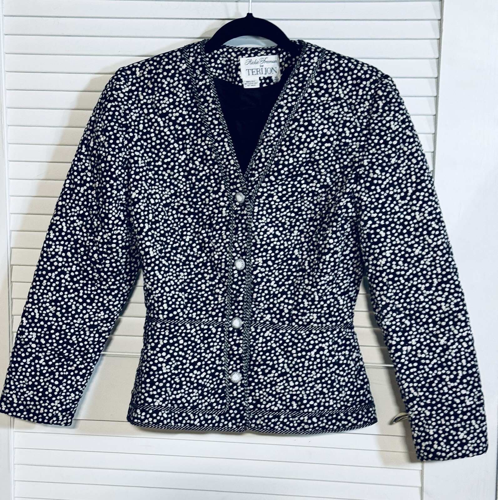 Rickie Freeman Teri Jon Polka Dot Silk Quilted Jacket Women’s 10 Black White