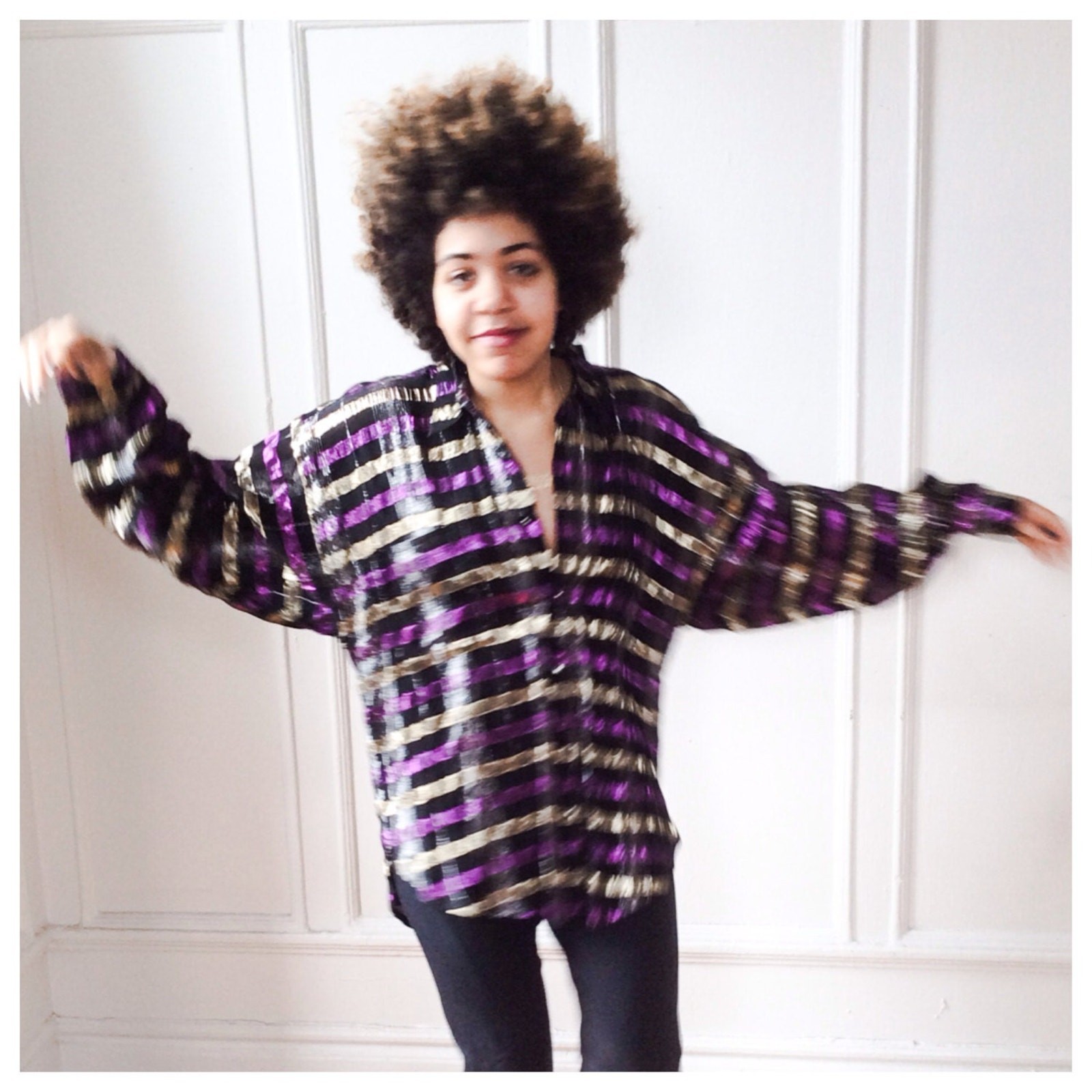 Metallic Threaded Oversize Disco Shirt Blouse Rayon Plaid Purple and Gold