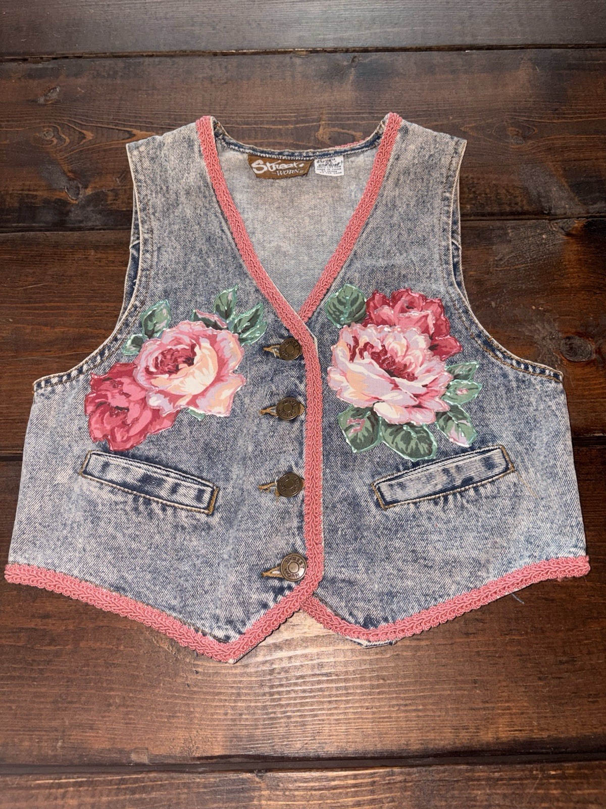 Vintage 90s Kids Denim Vest Size 10 Hand Painted Floral Cottagecore Upcycled