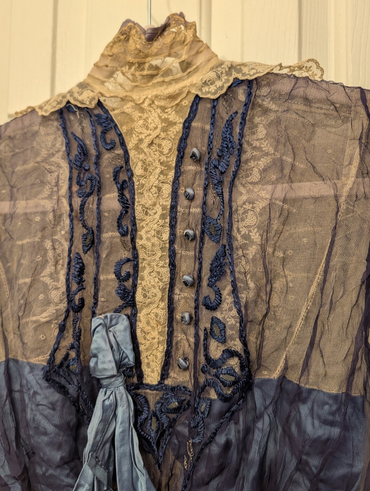 Antique Edwardian Cream Lace Blue Satin XS Women’s Blouse Handmade Bow Details