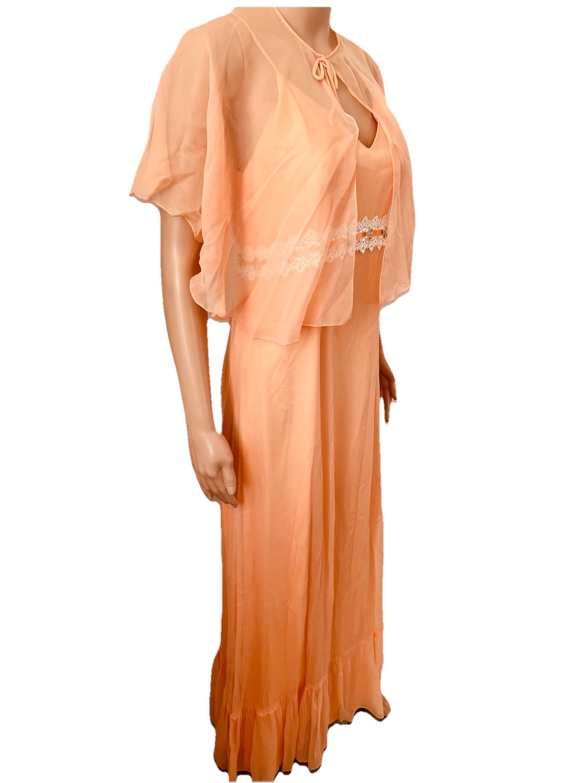 VTG 60s Peach Chiffon Maxi Dress Capelet Floral Lace Ribbon Trim Hemline Damage