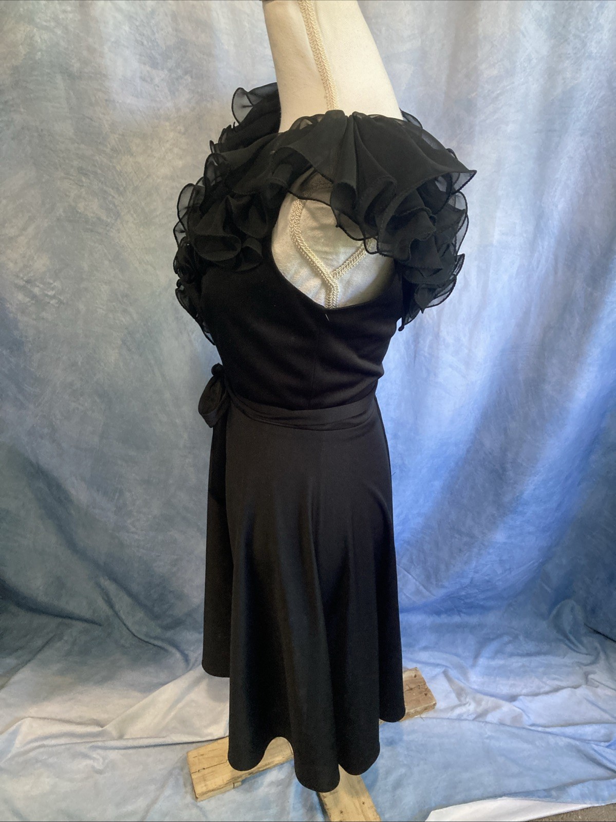 Vtg 70s Black Sheer Ruffled Party Dress XS Lightweight Polyester ILGWU Union Tag
