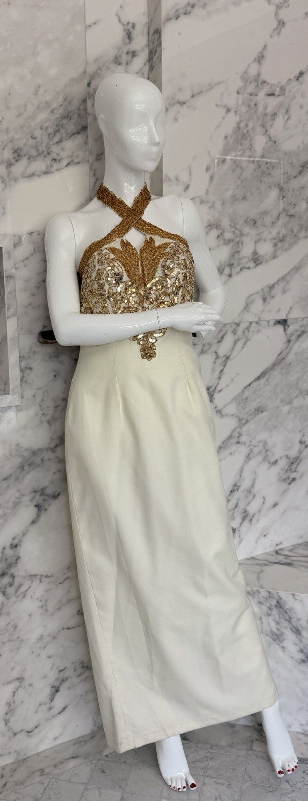 Baluchi Ivory Gold Beaded Halter Formal Gown Size 8 Evening Prom Dress Vintage