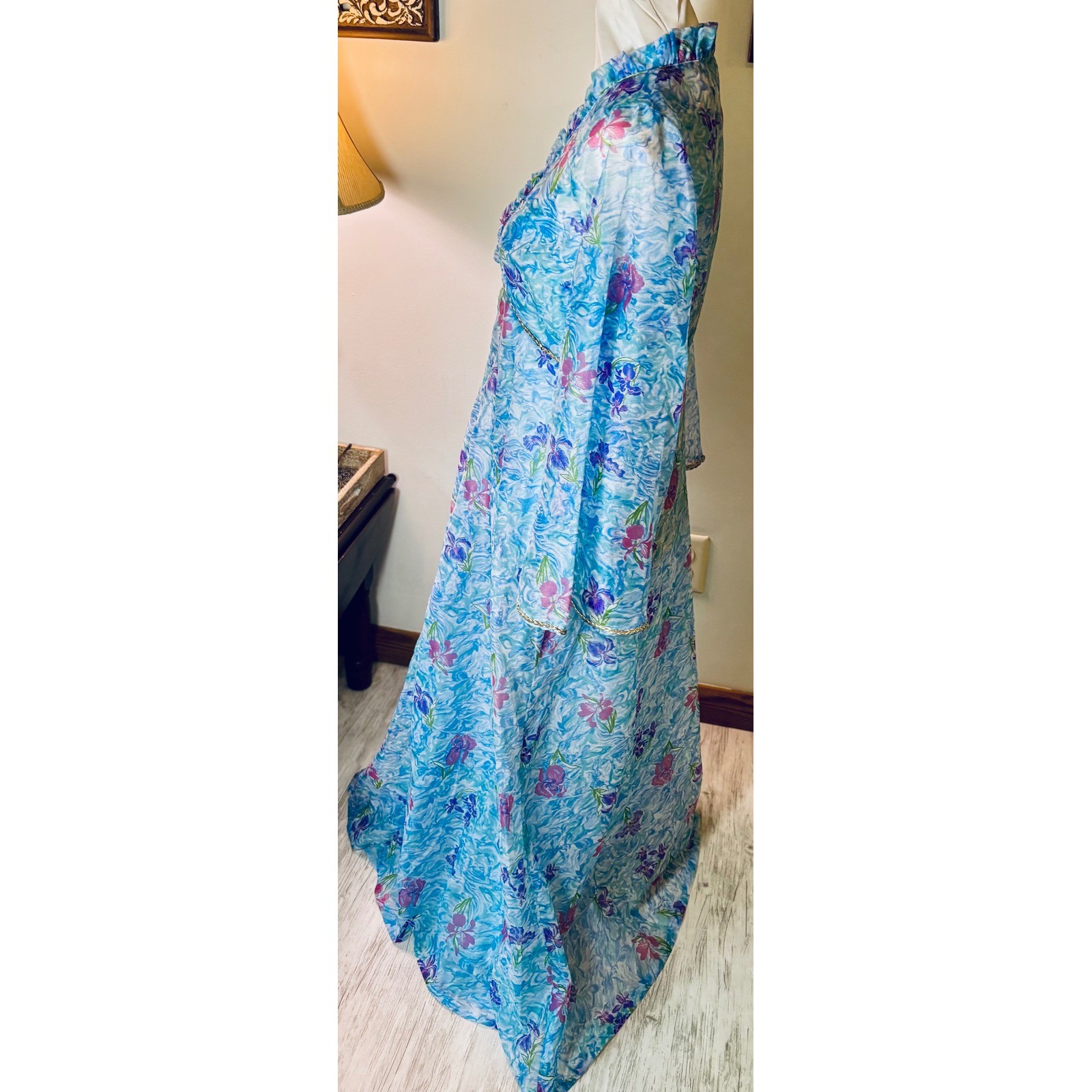 Vintage 60s Mad Men flower Dress Set, Sheer Layered Gown Bell Sleeve S/M