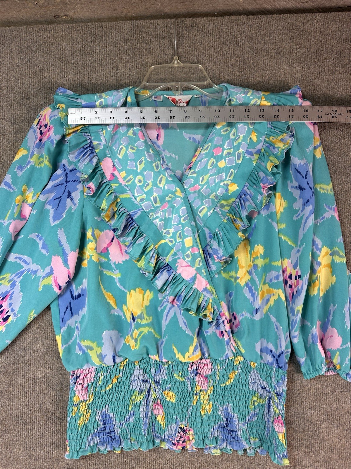 Susan Freis Sz L Blouse Resort Tropical Ruffle Vintage Smocking Floral Resort