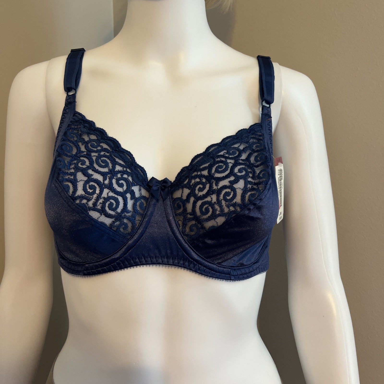 NWT Vintage Sears Lace Nylon Bra Full Figure Sz 36D Navy Blue Underwire