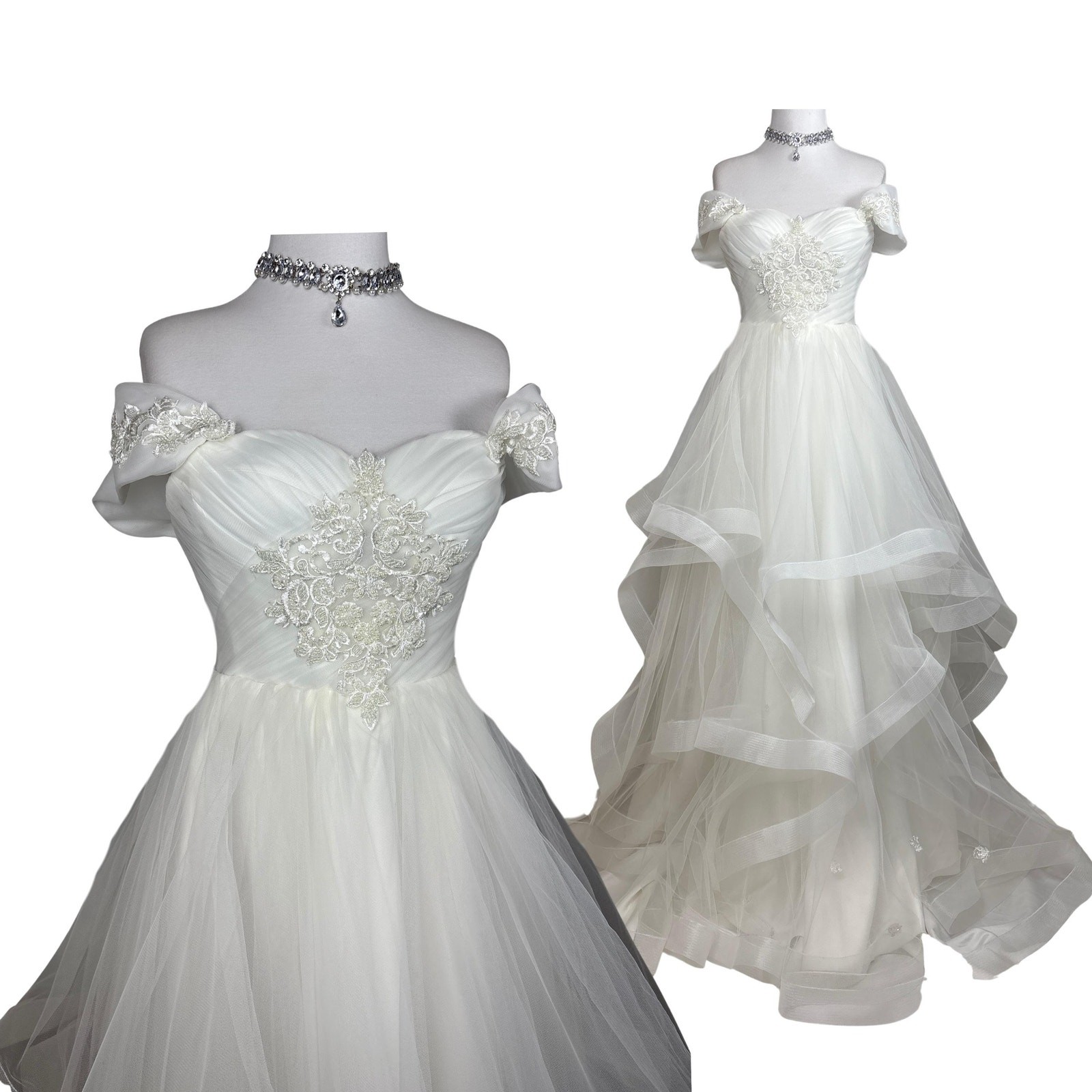 Vintage Ivory Bridal Gown Lace Up Back Off Shoulder Wedding Dress Fairycore