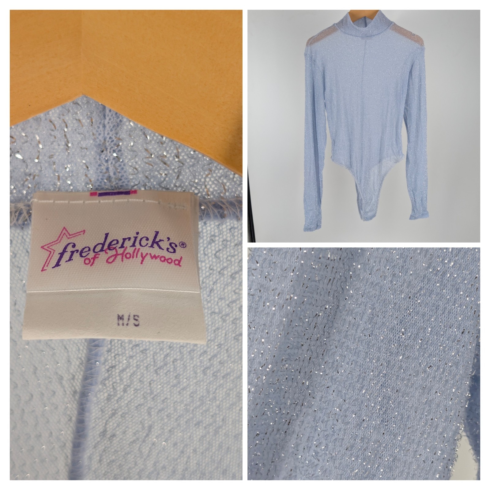 Vintage Fredericks Of Hollywood Womens M Lurex Sparkle Mock Neck Bodysuit USA