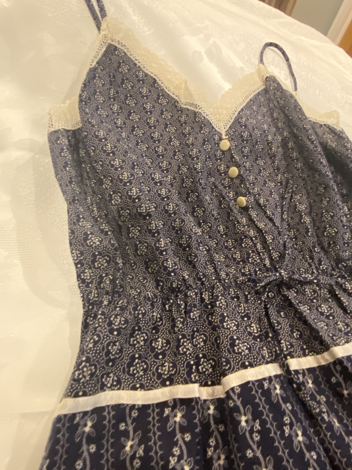JCPenney navy cotton sun dress spaghetti straps floral lace prairie NWT Large