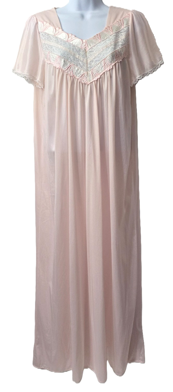 Vintage Lady Cameo Night Gown M L Maxi Dress Nightie Pink Lace Sheer Nylon Satin