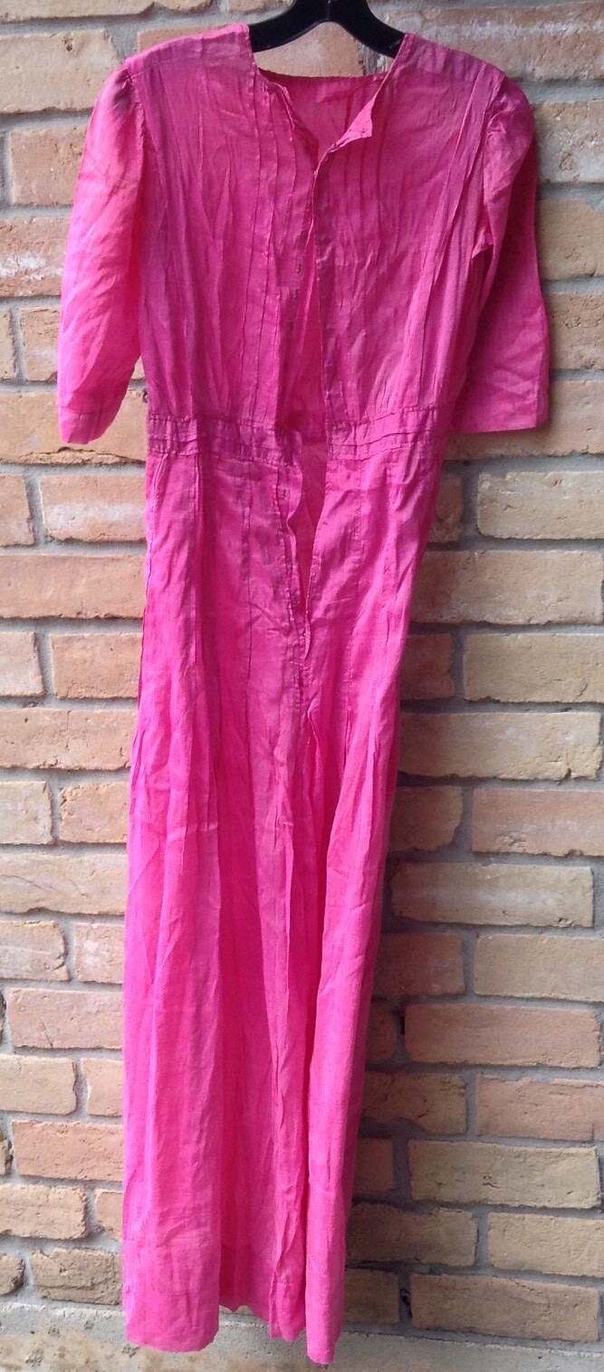 VTG 20s/ 30s? Bright Pink Long Dress Hand Dyed Sz XS? 24″ W DAMAGED HOLES AS-IS