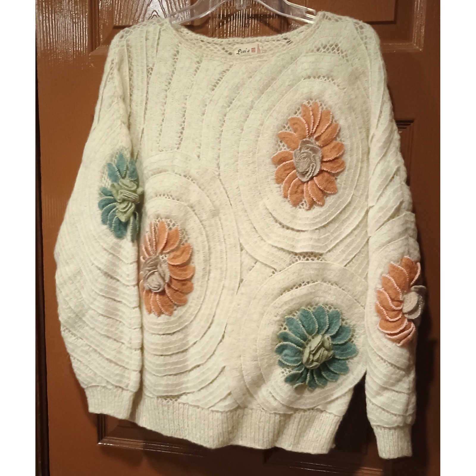 Lim’s Mohair Sweater Women Large Cream 3D Floral Applique *Vintage* Art to Wear