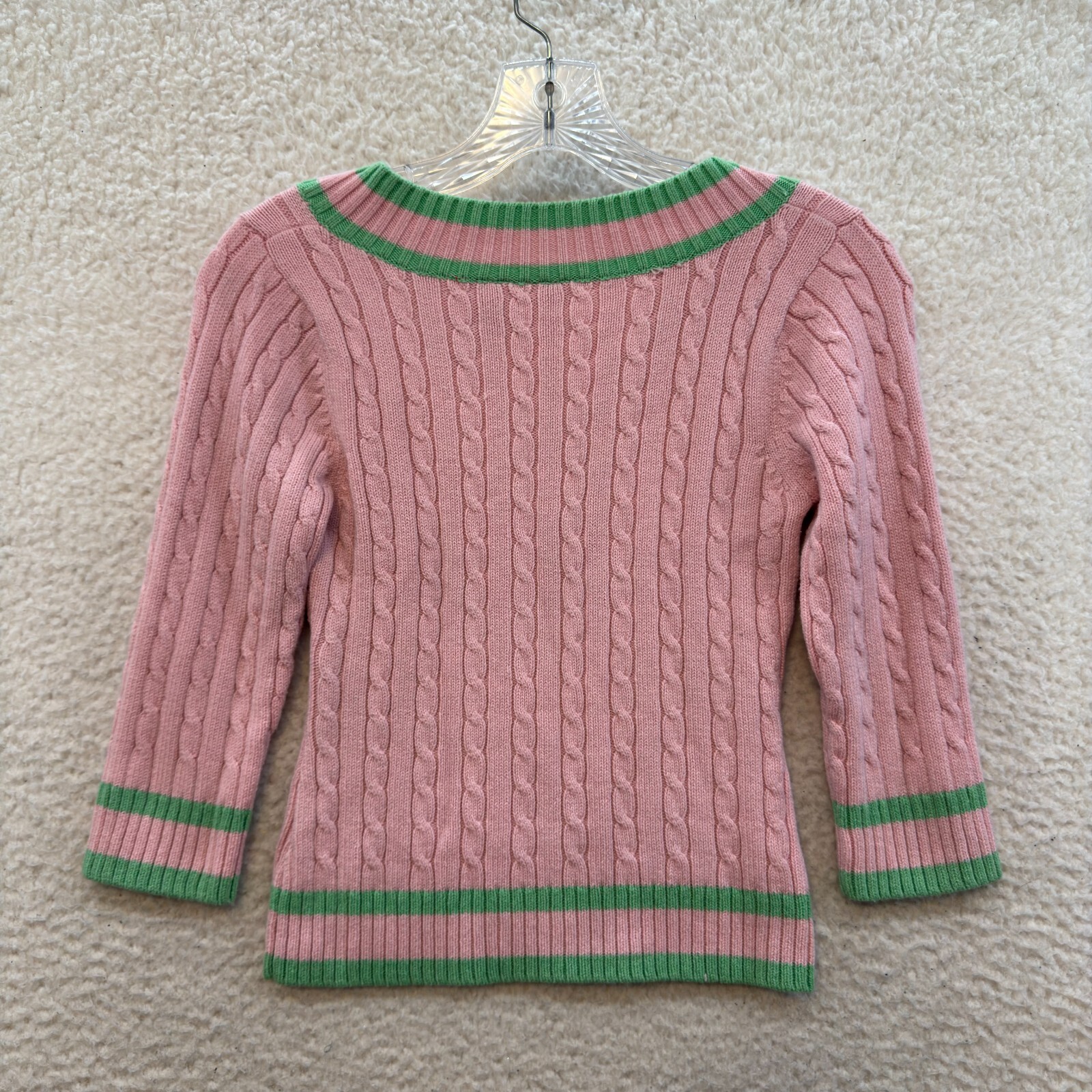 Y2K Vintage Sweater Top XS Small Pink Green Cable Knit Preppy Academia Tennis
