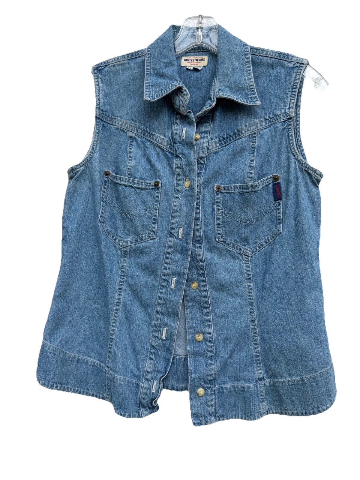 VTG 90’s Guess Jeans Denim Blue SLS Collar BF CTN Blouse SZ Med.