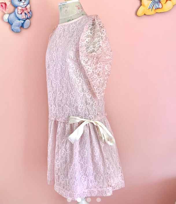 vintage 80s does 20s pastel pink lace drop waist mini dress XS/S