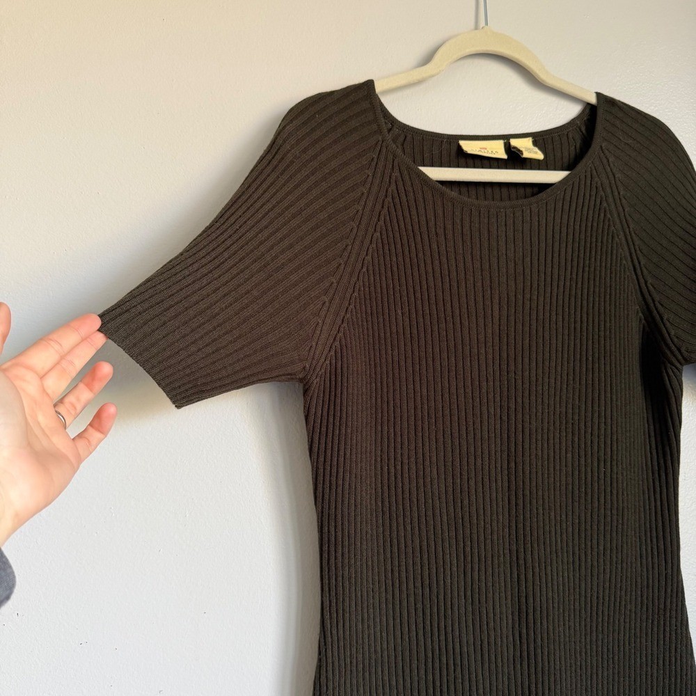 VTG Limited America Merino Wool Ribbed Sweater Dress Olive Green Short Sleeve L