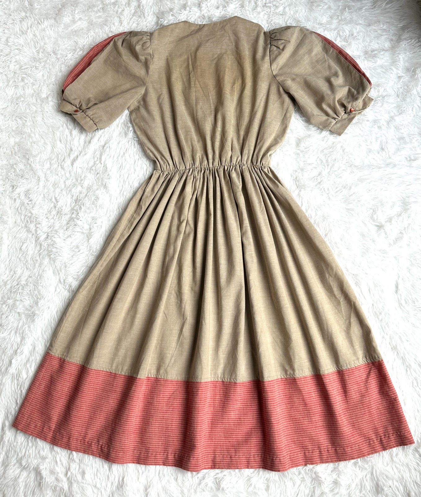 Vintage Impromptu Prairie Cottagecore Peasant Dress Brown Pink Puff Sleeve Women