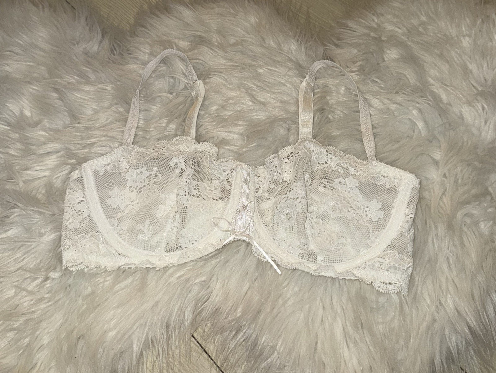 Vintage Victorias Secret Pink Label Unlined Lace Bra Sheer UW Womens 36D White