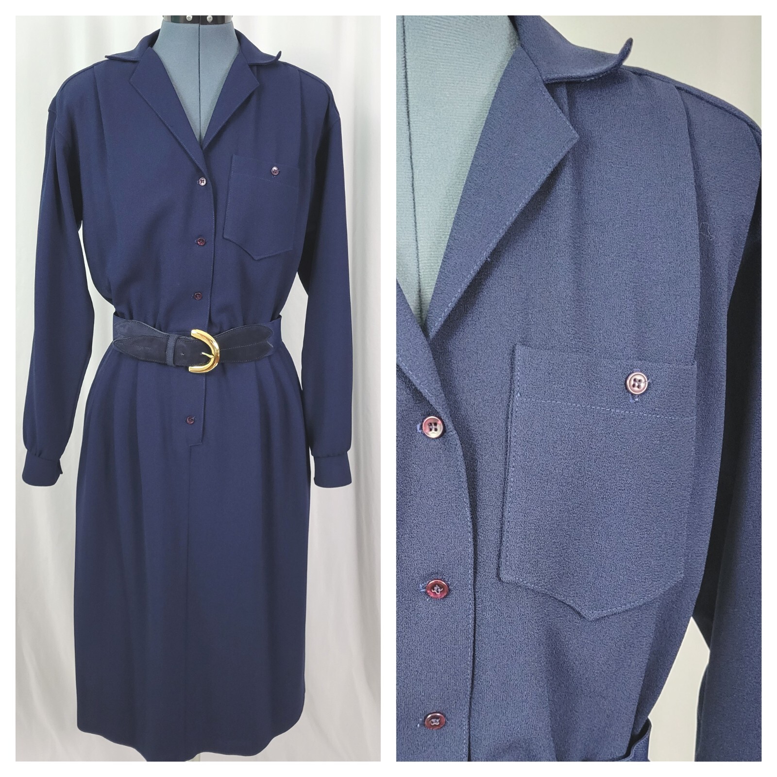 Vintage Donna Morgan for Non Stop Navy Blue Shirt Dress w Belt Size 7/8