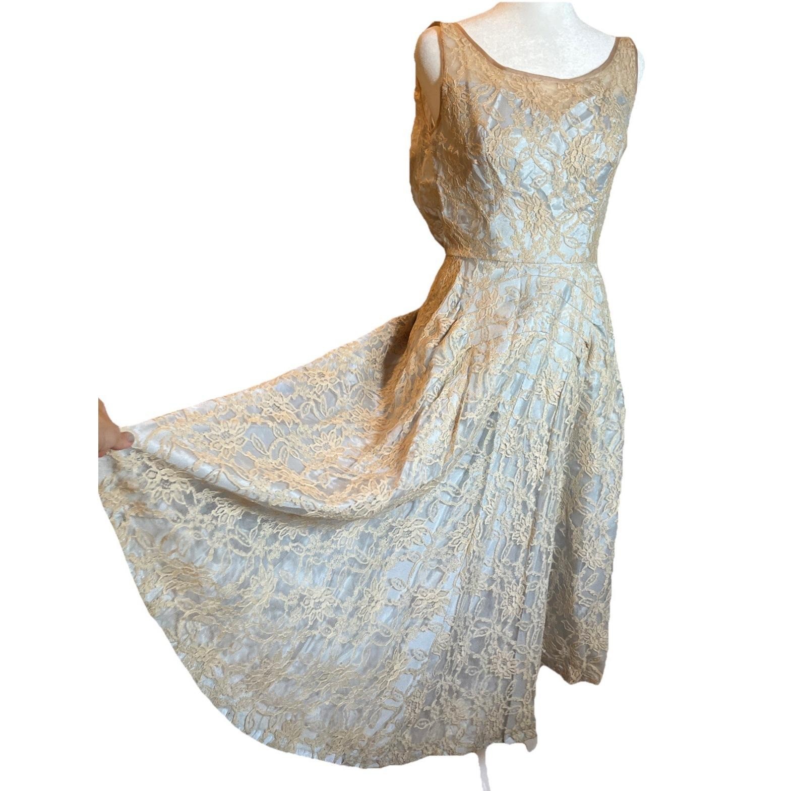 Vintage 50’s Claudia Young 2 Pc Pink Lace & Satin Bridal Fit & Flared Dress XS