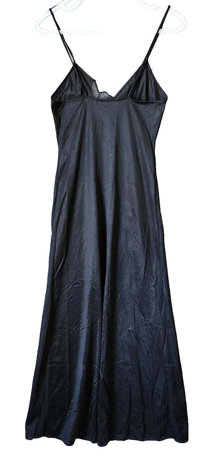 Vtg Joie De Vie Nylon Satin Nightgown Plunging Lace High Slit Sexy Black Petite