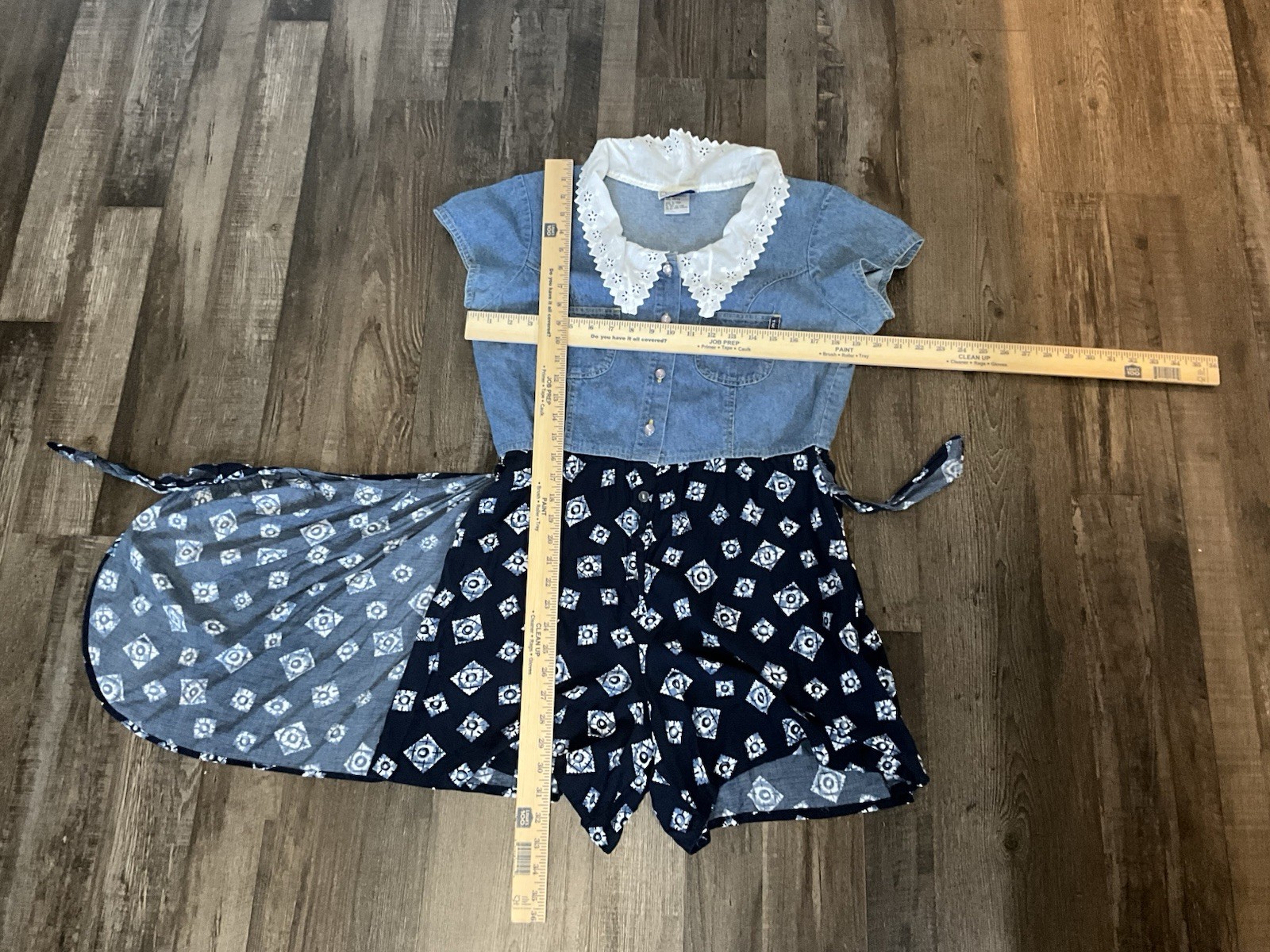 VTG 90s True Blue Denim & Lace Midi Jumpsuit Pearl Snaps Boho Cottage 13/14
