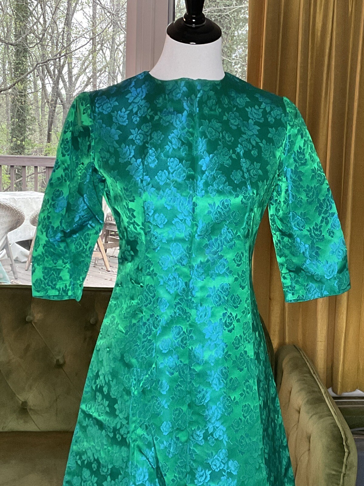 Womens Vintage 1960s Homesewn Blue Green Brocade Satin Gown Rose Floral Design