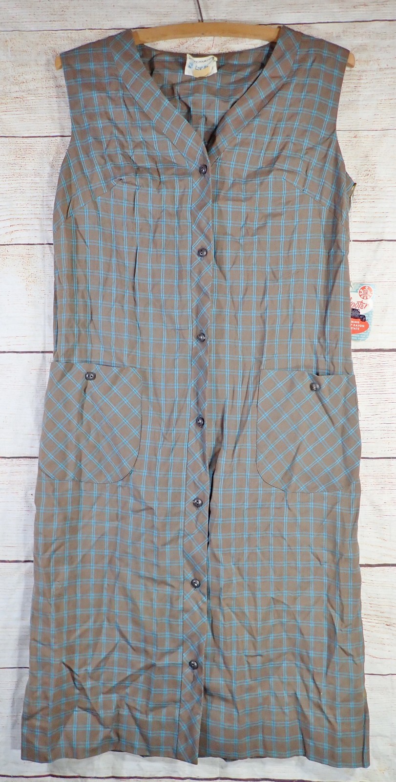 NOS Deadstock Vintage 1950s 60s Pat Perkins Plaid Button Shift Dress Pockets (S)