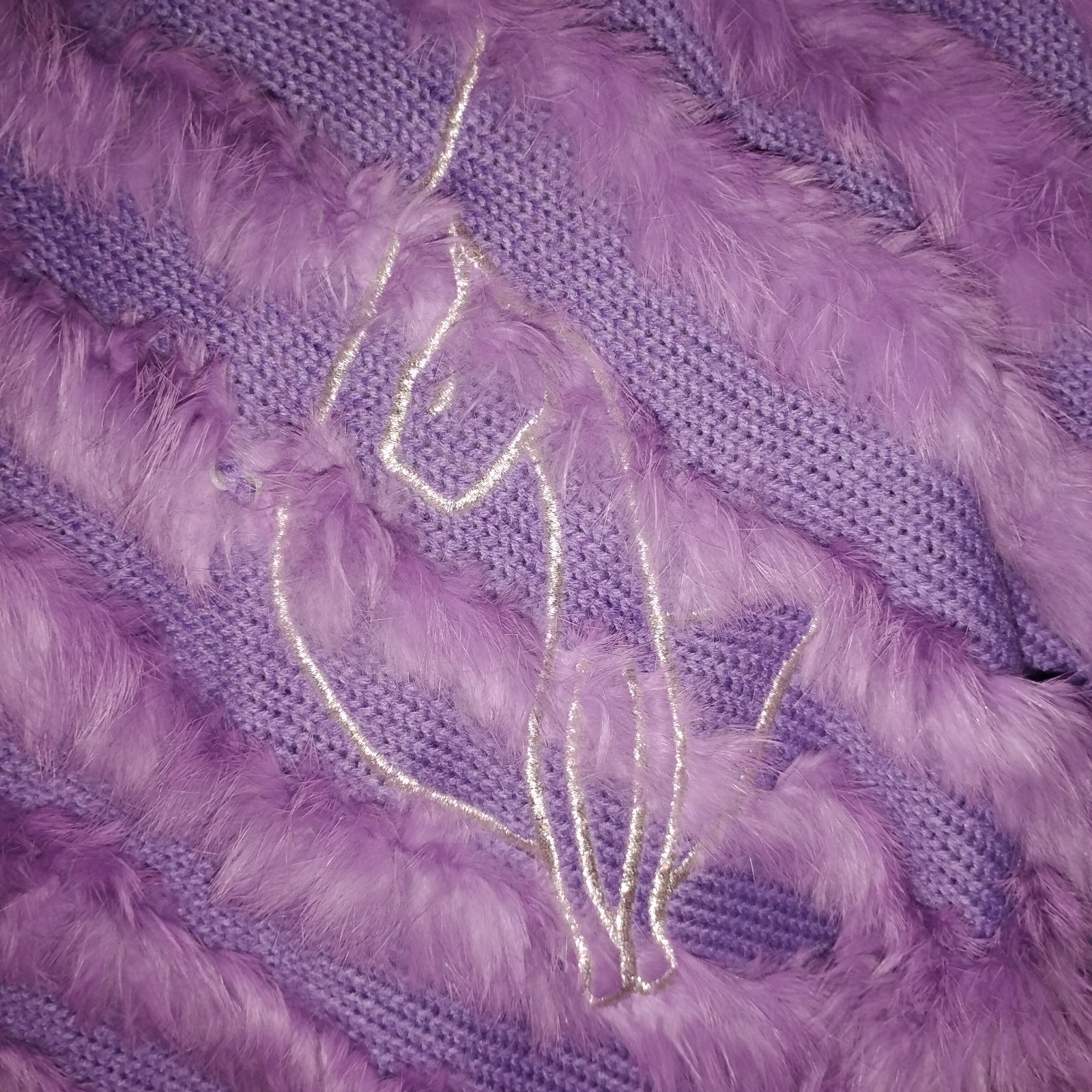 VTG BABY PHAT purple knit poncho pullover genuine Rabbit fur emb cat logo one sz
