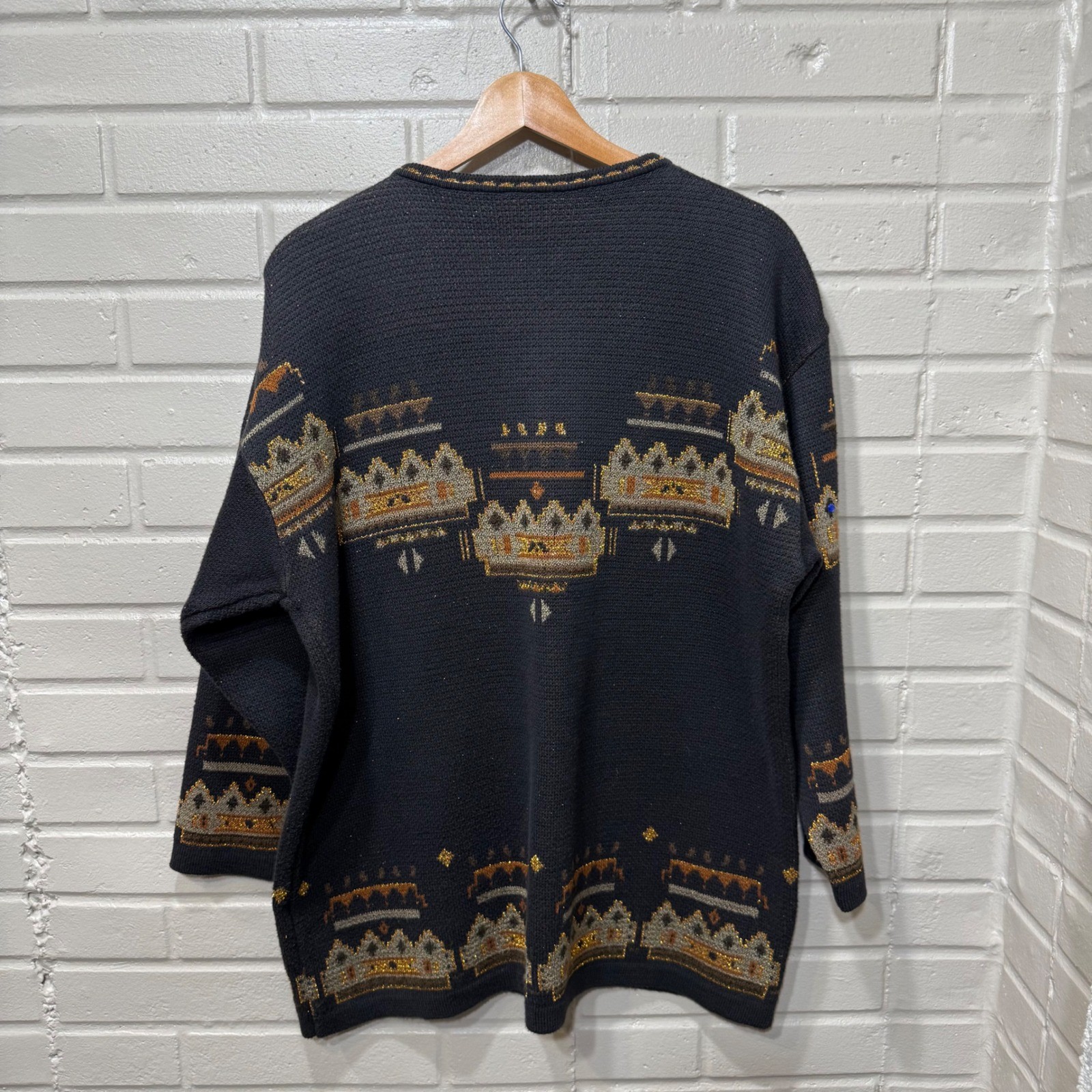 Vintage Dafna D&I Israel Jeweled Fringe Metallic Knit Sweater Med Black 80s 90s