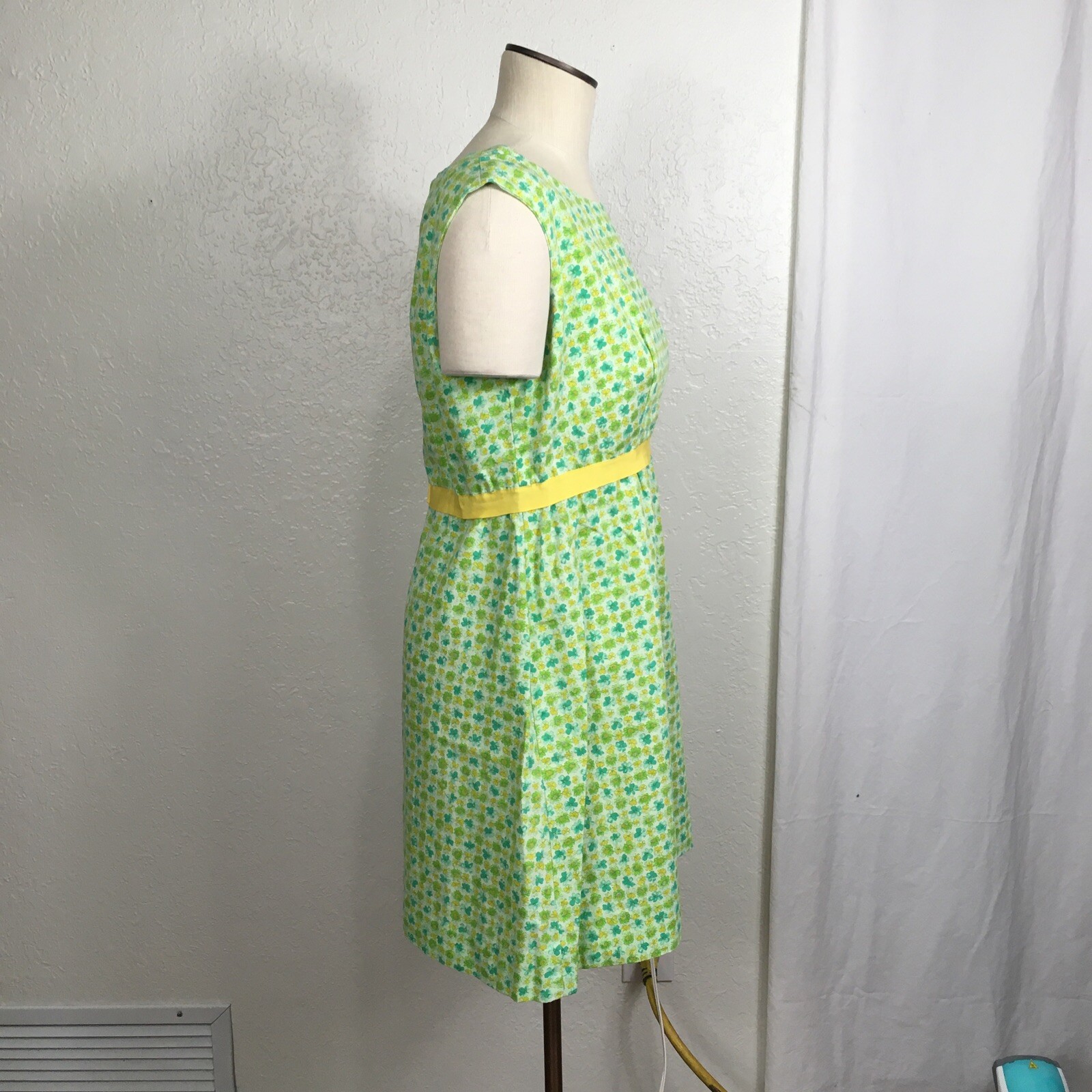 Vintage 1970 Handmade Dress Green Yellow Floral Ribbon Waistband Sleeveless 12