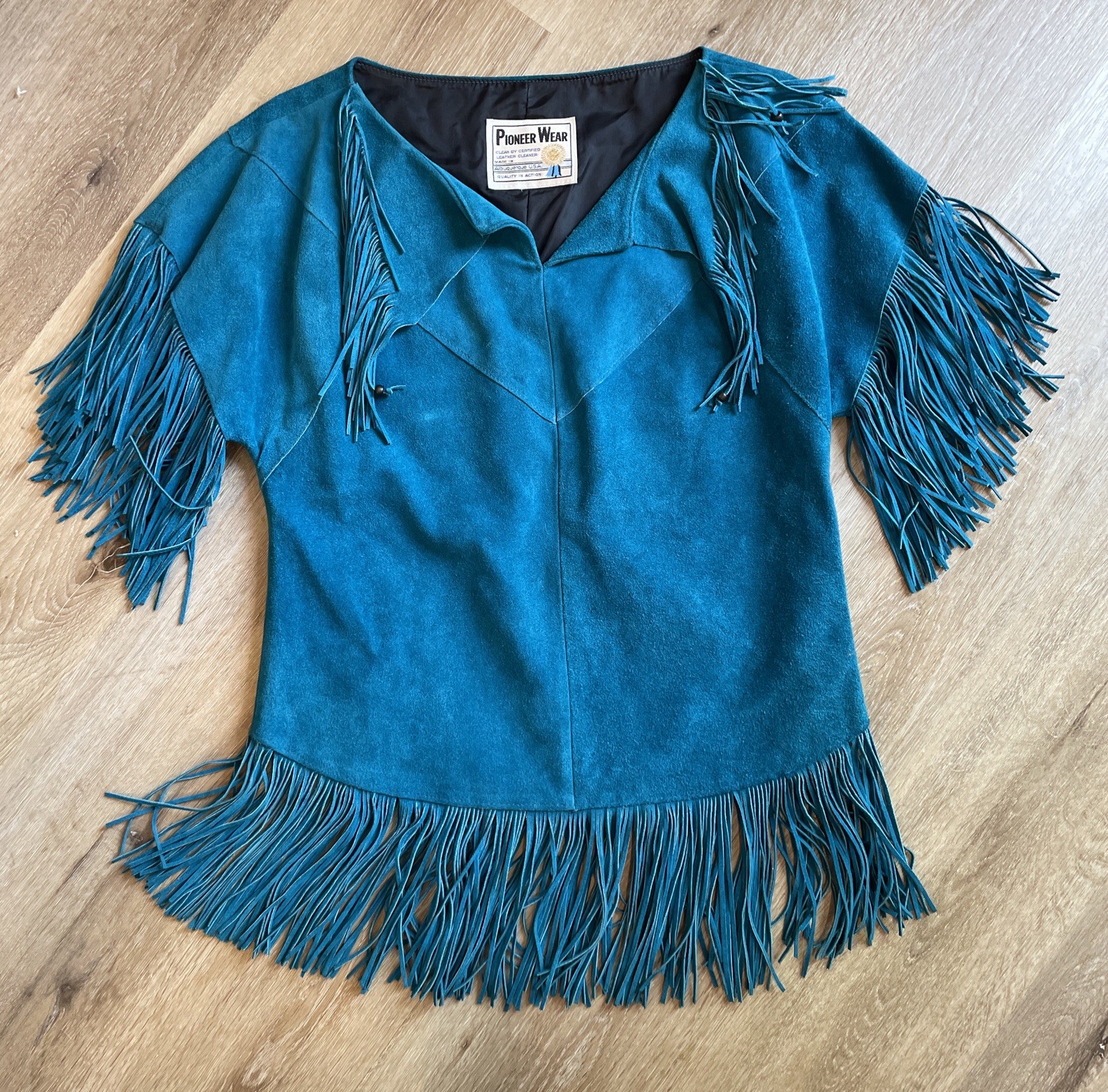 Vintage Pioneer Wear Teal Blue Fringe Suede Poncho Jacket Top Women’s S Western