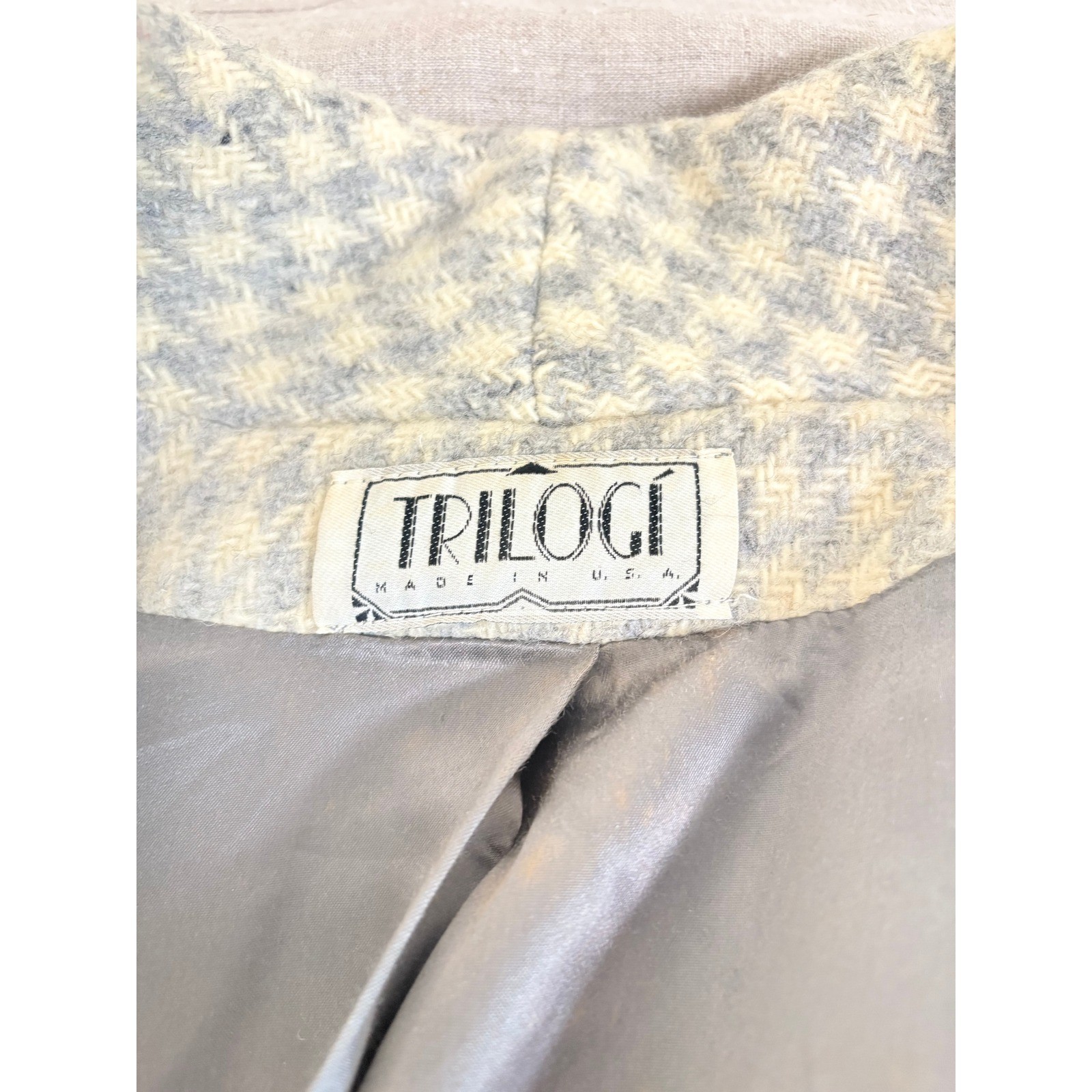Vintage Trilogi Pure Wool Houndstooth Coat Double Breasted Shawl Collar USA Made