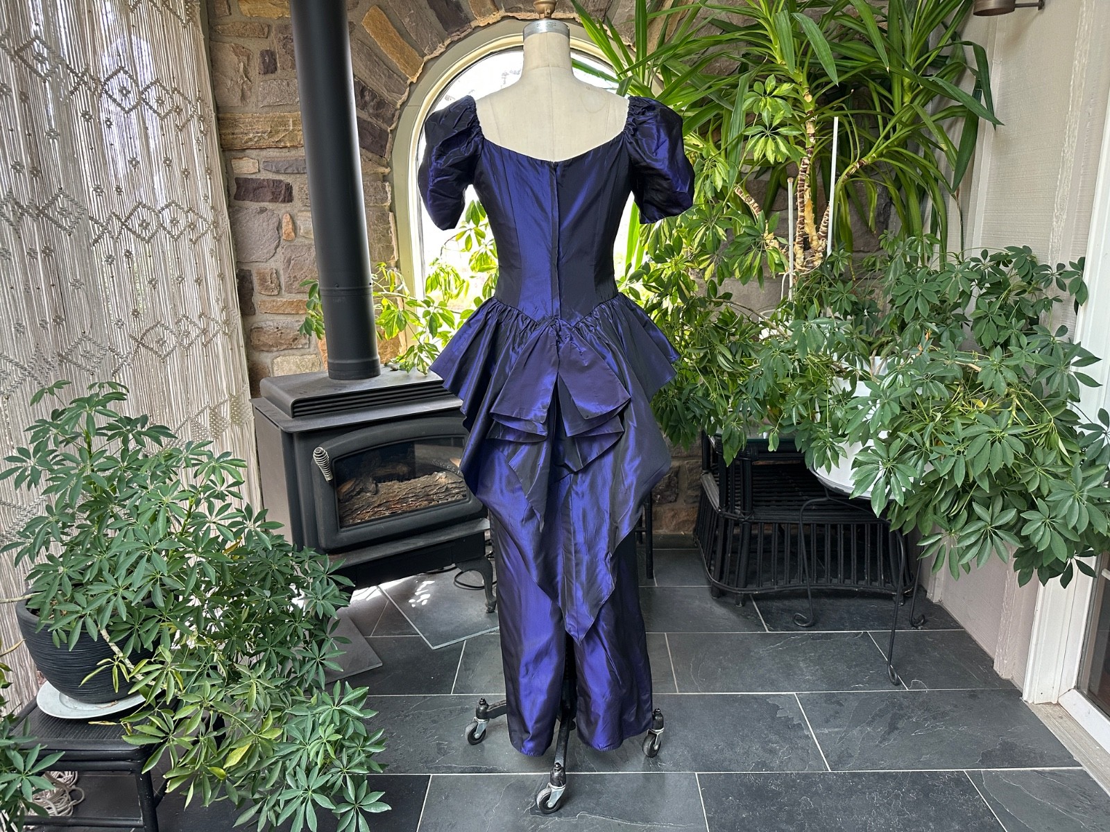 Vintage 1980s Purple Iridescent Taffeta Sequin Drop Waist Formal Maxi Dress