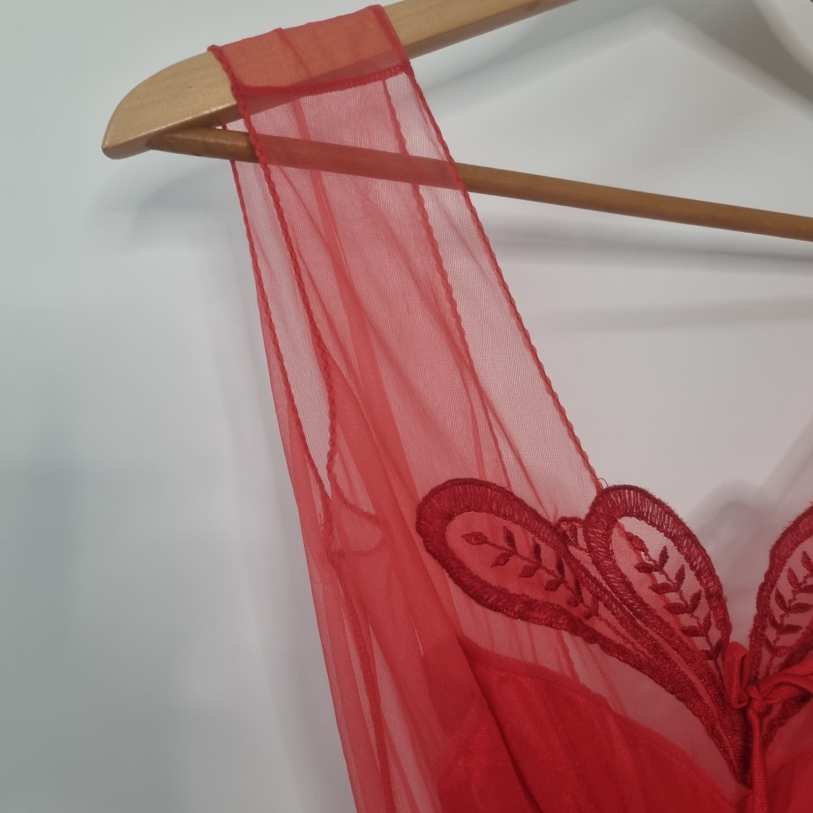 VTG Avian Red Nylon Lace Sheer Nightgown Gown Long Deep V USA Sexy Chiffon Sz S