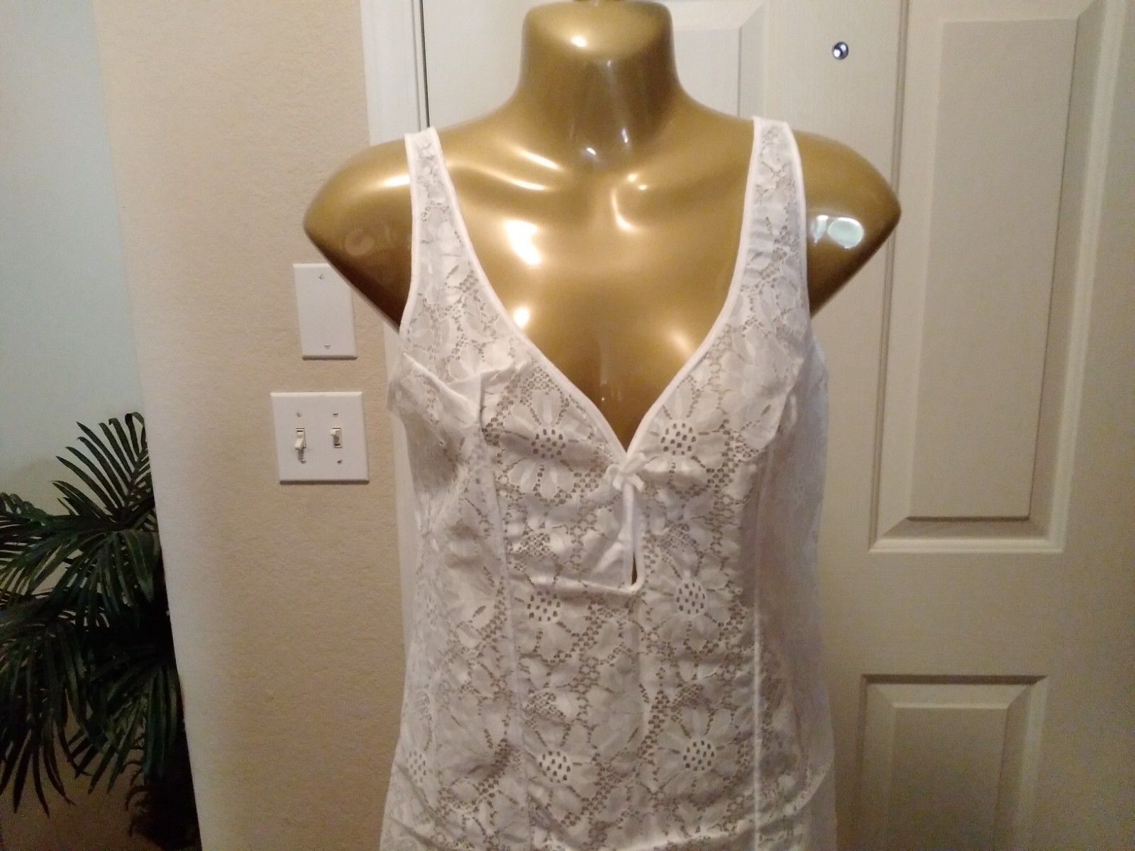 Vintage Full Slip Dress Chemise European SZ S-M White Full Front Lace