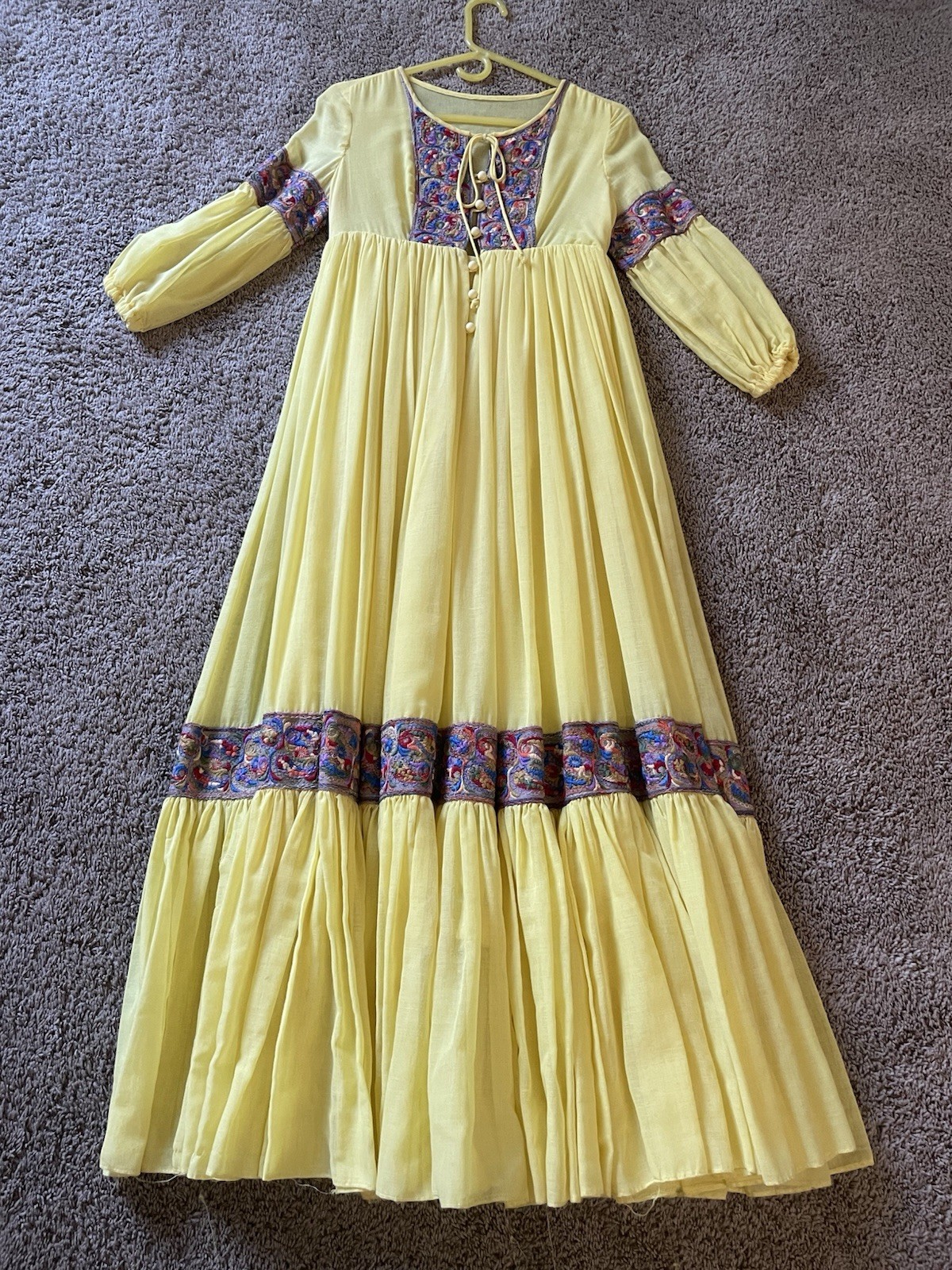 Vintage 70s Beverly Paige Yellow Cotton Gauze Boho Maxi Dress Embroidered Hippie