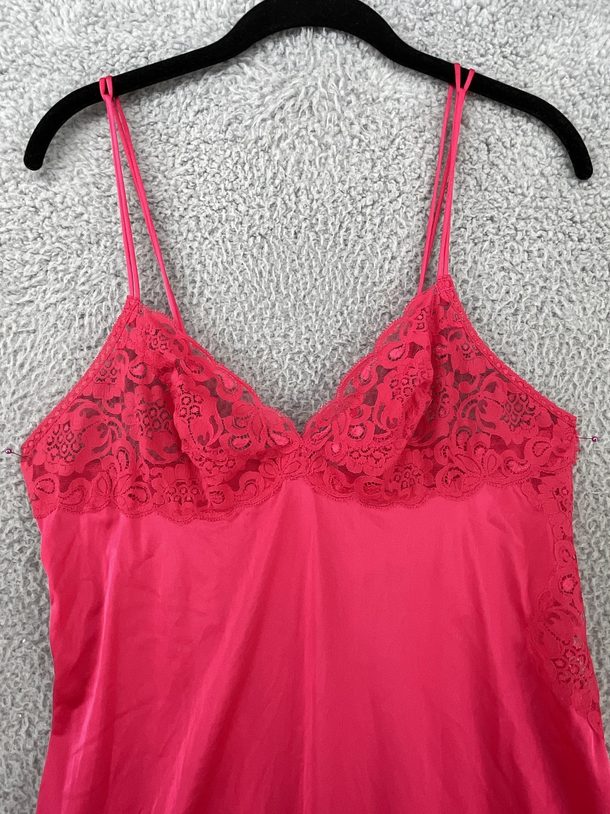 Miss Elaine Slip Womens L Red Lace Nylon Long Nightgown Spaghetti Straps USA