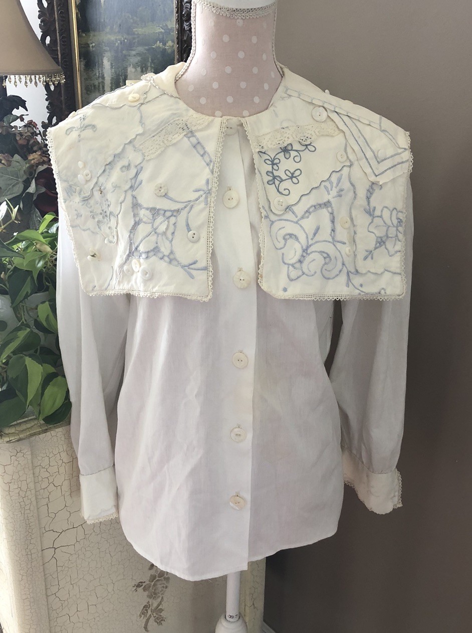 Vtg 80s Cottagecore Victorian Edwardian Diana Lace Big Collar Top Blouse Small