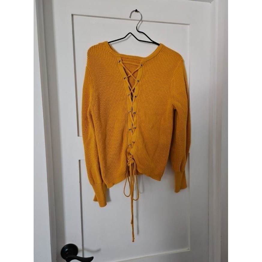 Vince Camuto Mustard Yellow Knit Sweater Large Lace Back Pointelle Cottagecore