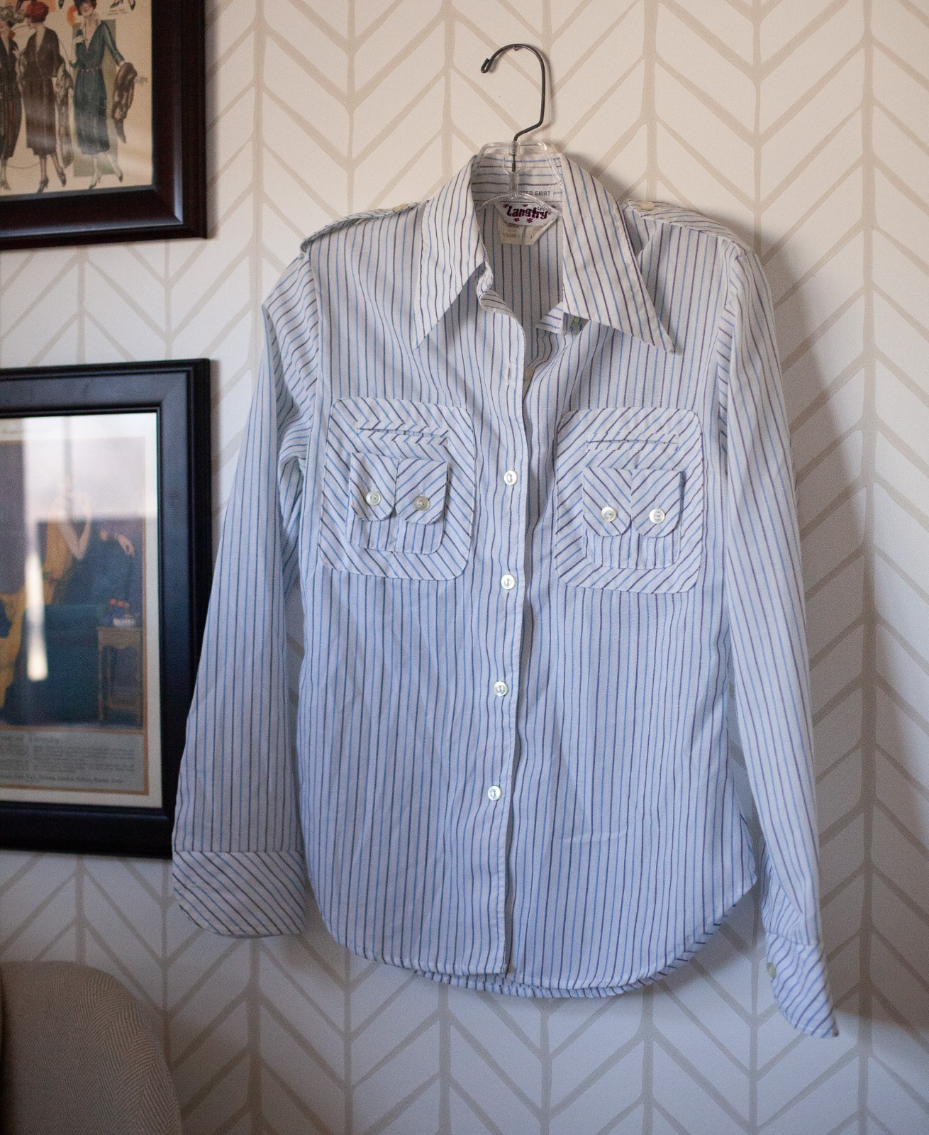 Vintage Women’s 70s Fitted Button Pinstripe Long Sleeve Blouse Size M