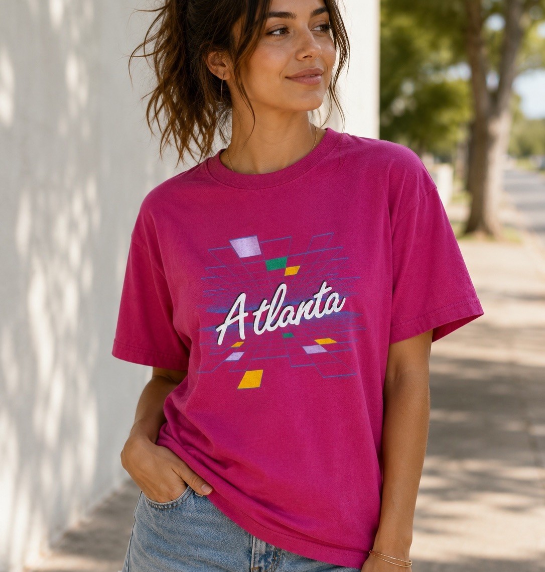 Vintage 80s Atlanta GA Souvenir T Shirt Geometric Pastel Graphic Pink Travel Tee
