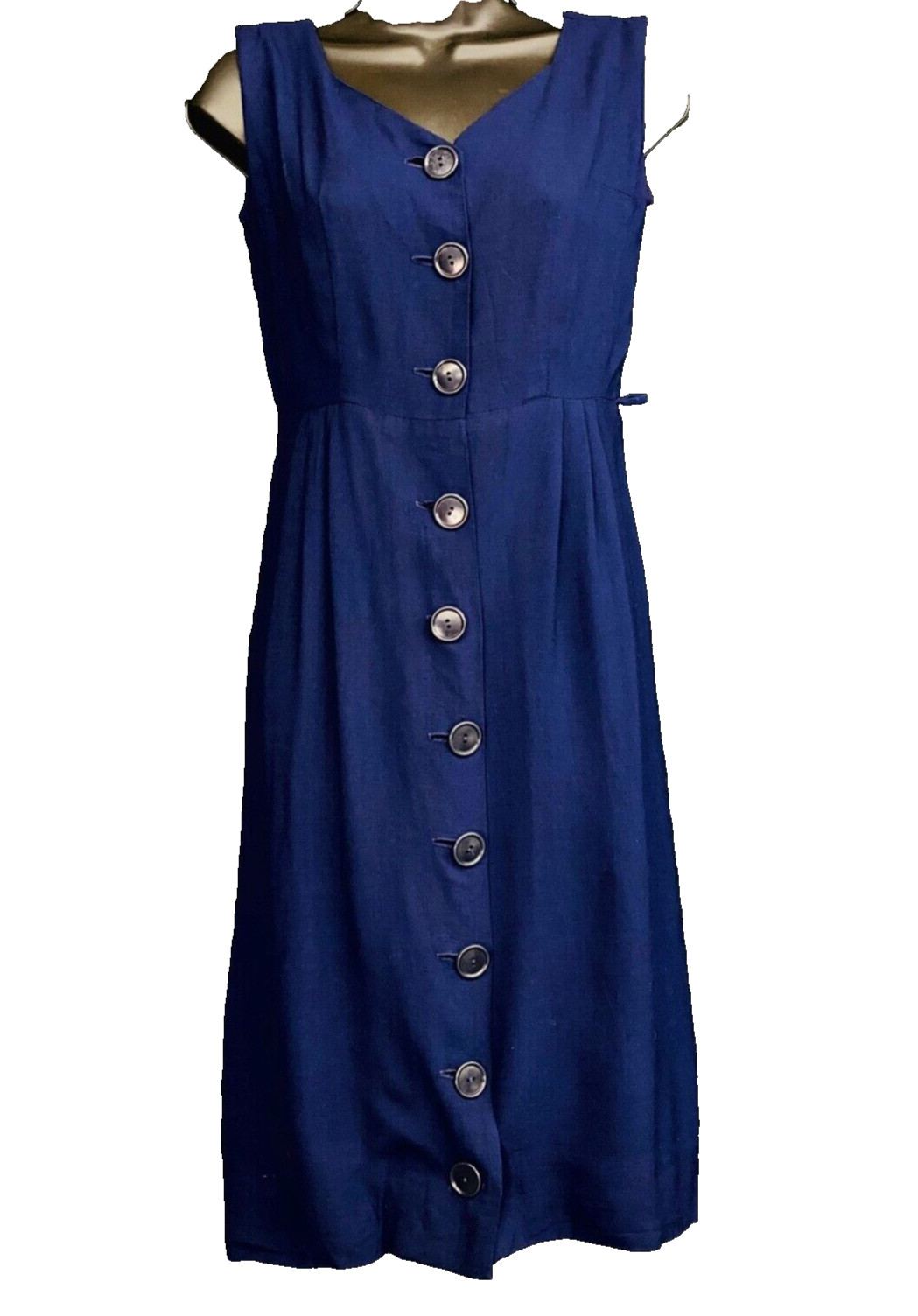 Vintage 1960s navy blue sleeveless dress, cotton linen summer pin up shift S