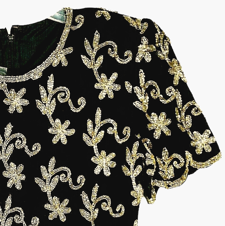 NEW STENAY Top 100% Silk Vtg S Holiday Gold Silver Metallic Beads Scallops Event