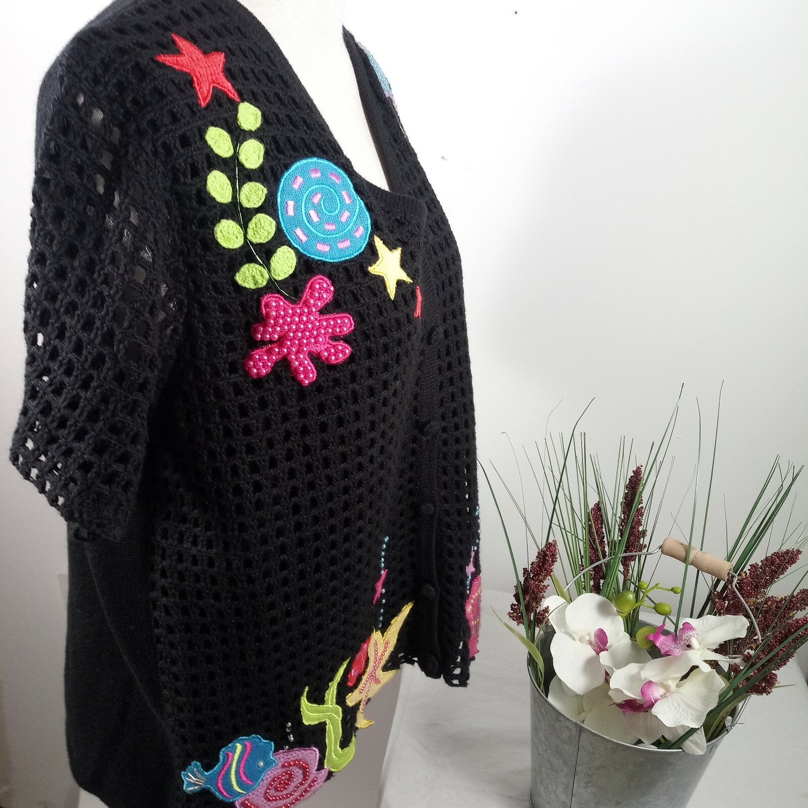 Vintage Hampshire Studio Sweater -Ocean -Short Open Knit Sleeve Medium -Grandma