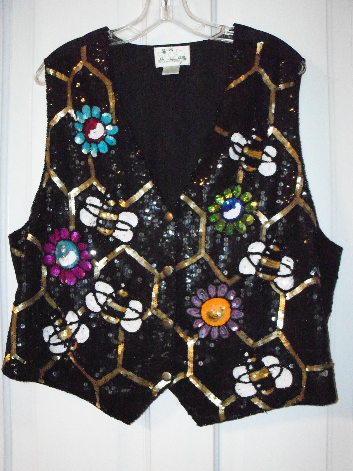 Size 1X Vintage The Quacker Factory Sequined Vest with Bees Honeycomb & Flowers