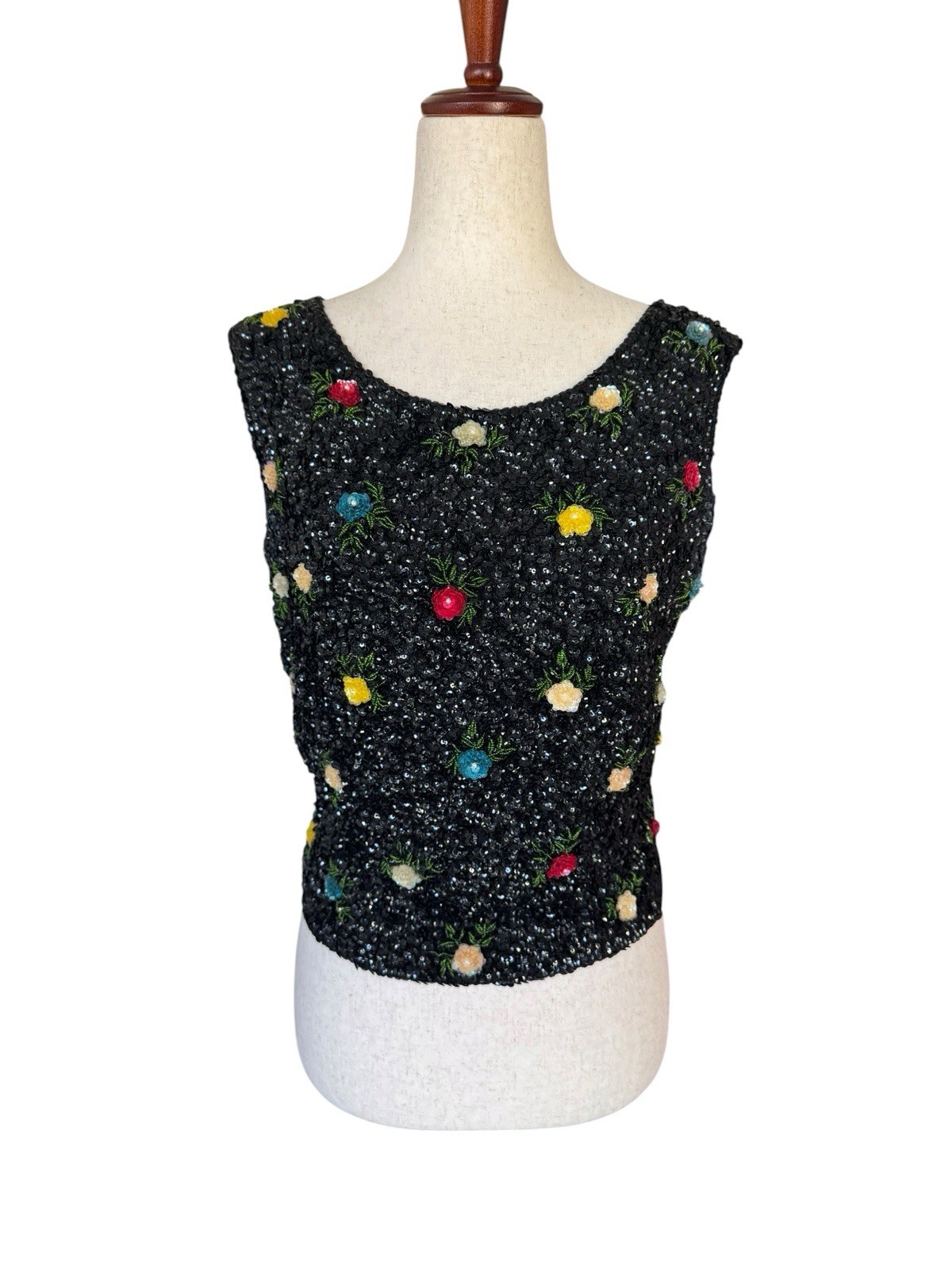 Vintage 60s House of Gold Beaded Sequin Floral Sleeveless Evening MCM Top Medium